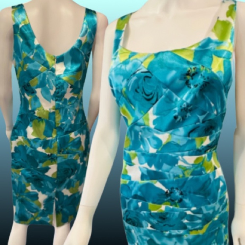 NWT Joseph Ribkoff Satin Diagonal Tiered Layers  Ruched Effect Flattering Dress